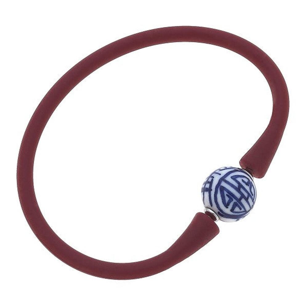 Chinoiserie Bead Bracelet Burgundy Blue White Silicone